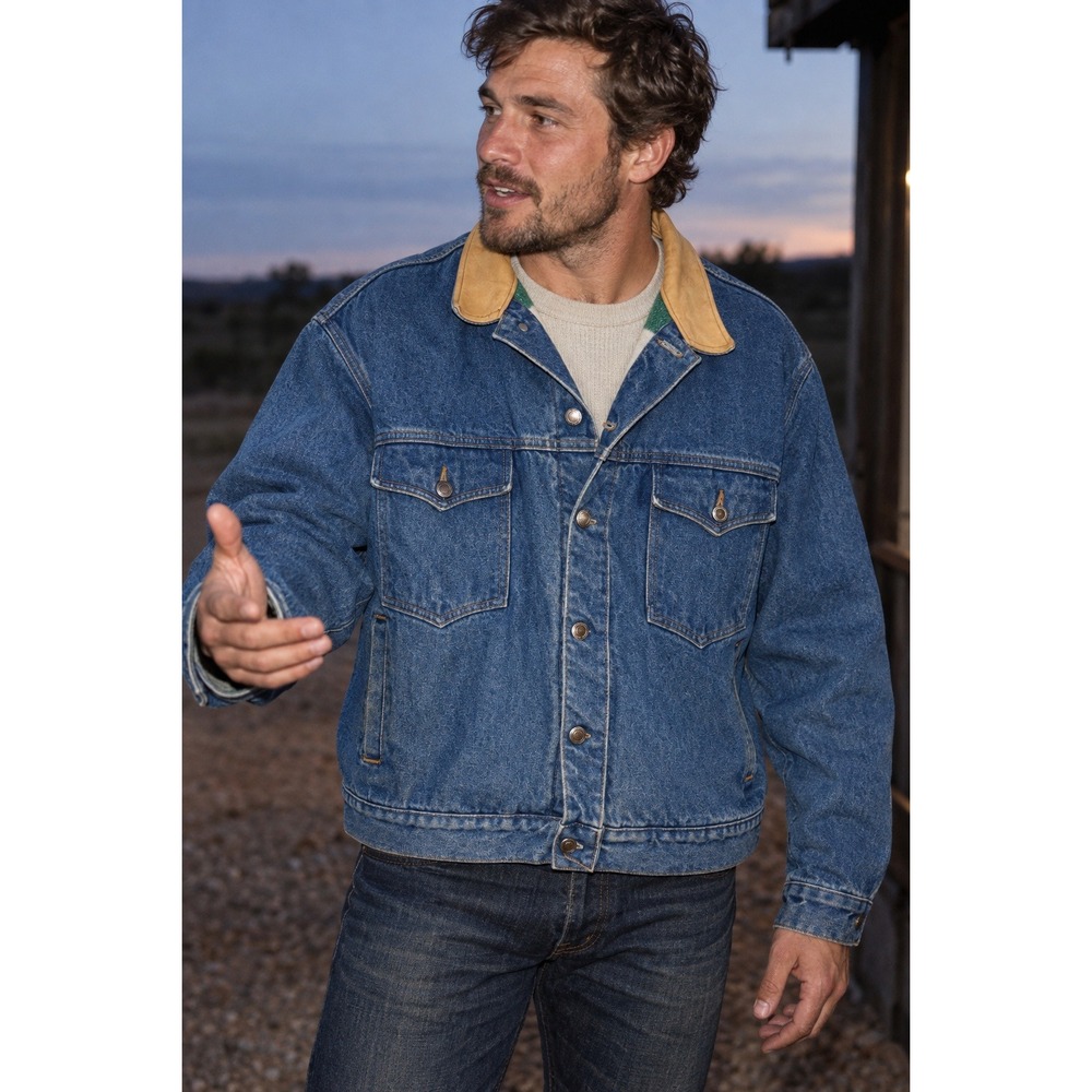 Schaefer Outfitter 583 Legend Denim Jacket Blanket Lined Leather Collar USA XL